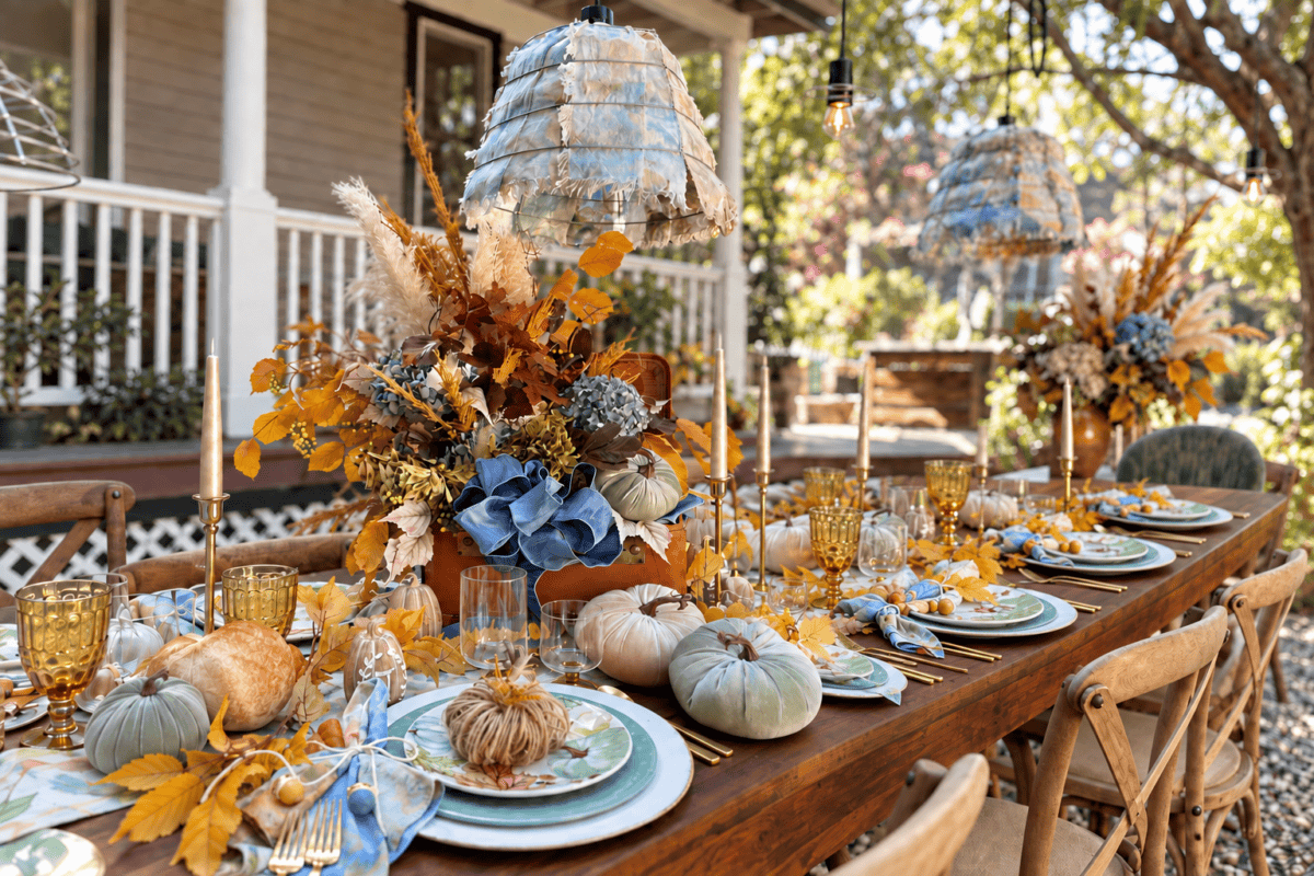 A long outdoor table set for fall, decorated with pumpkins, autumn leaves, blue hydrangeas, and gold accents creates an elegant tablescape; wooden chairs, hanging lamps, and a porch are visible in the background.
