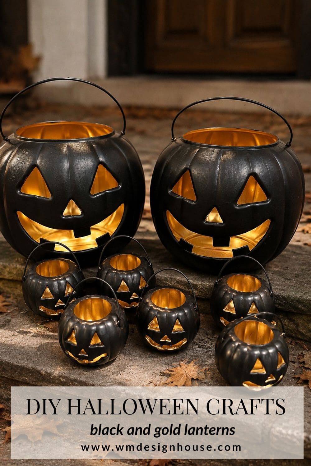 Seven black and gold jack-o’-lantern lanterns of various sizes are displayed on stone steps outdoors, showcasing a stunning Halloween lanterns DIY project. Text at the bottom reads: DIY Halloween Crafts, black and gold lanterns, www.wmdesignhouse.com.