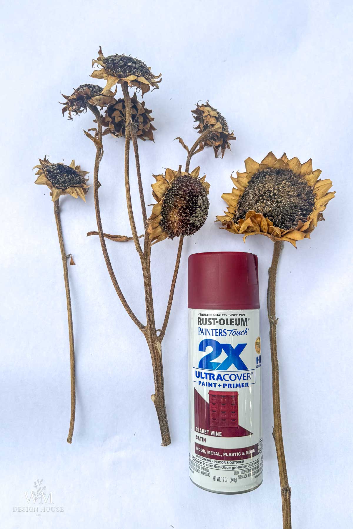 Five dried sunflower heads with stems are arranged next to a can of Rust-Oleum Painter’s Touch 2X Ultra Cover Paint & Primer in a satin finish, on a white background.
