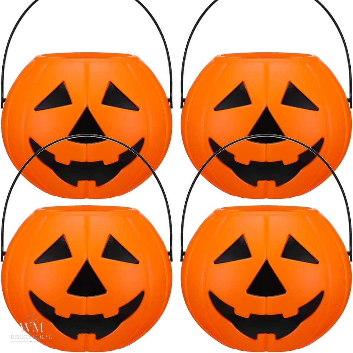 Four orange plastic jack-o’-lantern buckets with black handles and smiling faces, arranged in a 2x2 grid on a white background—perfect for halloween lanterns DIY projects.