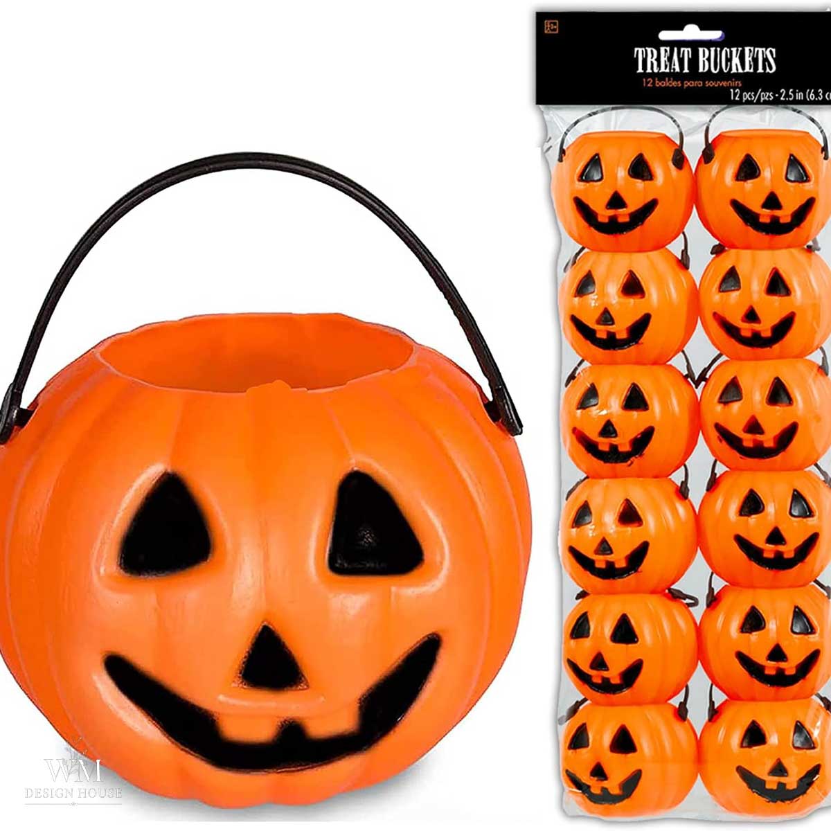 Two types of orange plastic pumpkin treat buckets with black handles, one large and a package of twelve small buckets, both featuring black eyes, nose, and mouth jack-o’-lantern faces—perfect for halloween lanterns DIY projects or festive trick-or-treating.