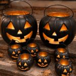 Eight black jack-o’-lanterns with glowing faces sit on stone steps surrounded by autumn leaves, creating a festive Halloween display reminiscent of classic Halloween lanterns and perfect for DIY Halloween décor.