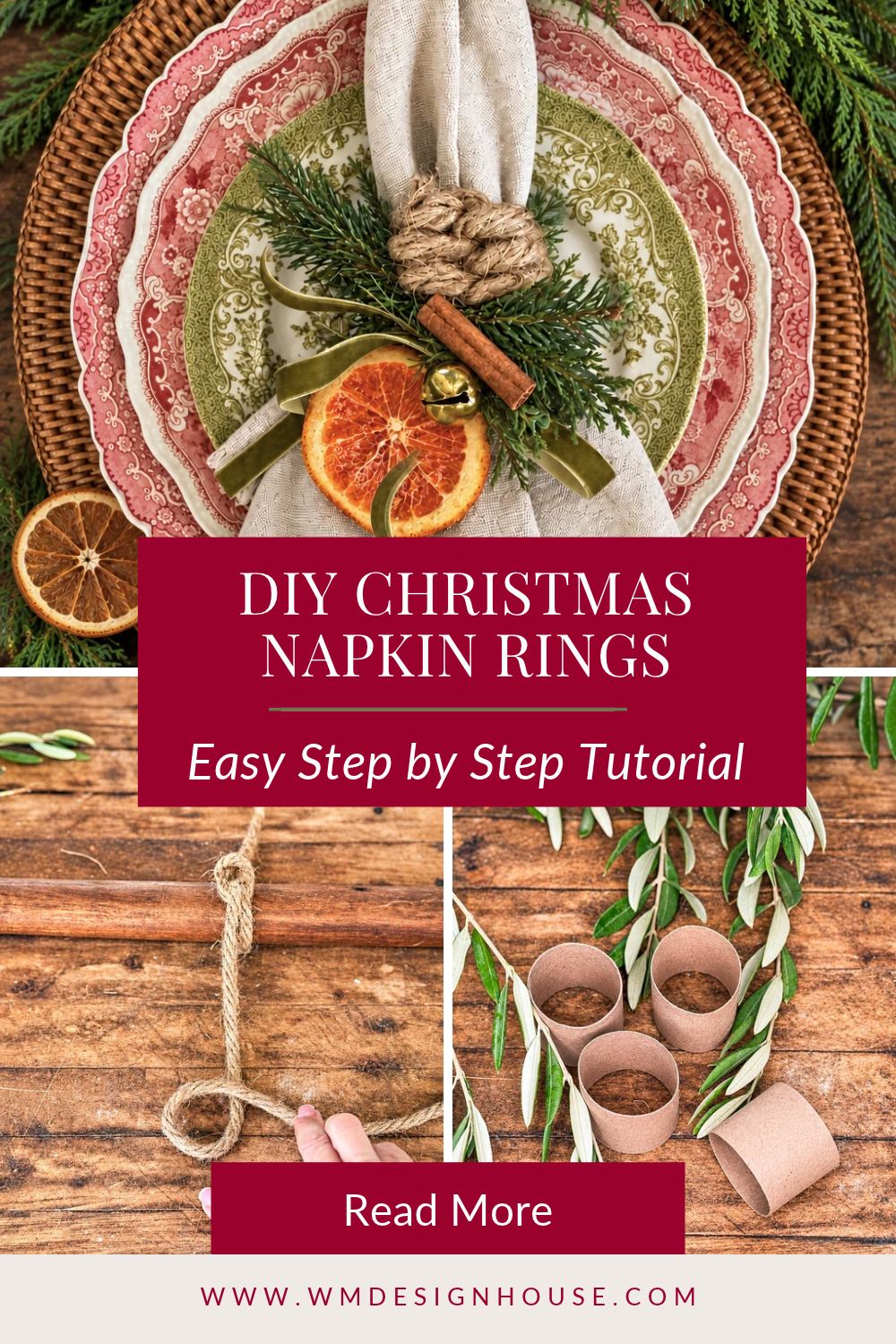 DIY Christmas napkin rings tutorial featuring a decorated place setting and steps for crafting napkin rings from knotted rope and cardboard tubes.