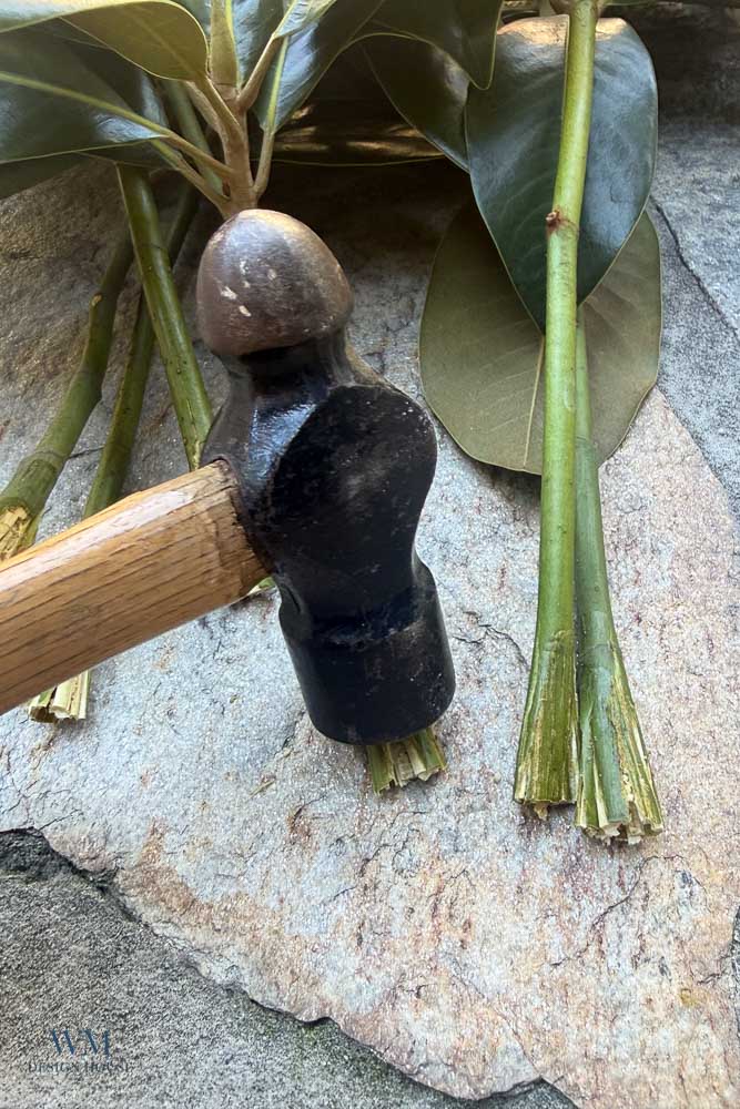 A ball-peen hammer resting on the frayed, crushed stem of a magnolia branch on a stone surface.