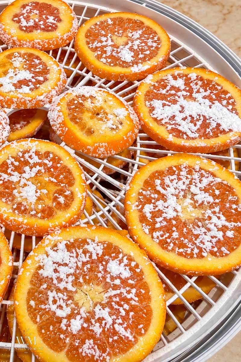 Slices of citrus fruit topped with powdered sugar arranged on a white dehydrator tray to create dried orange slices.