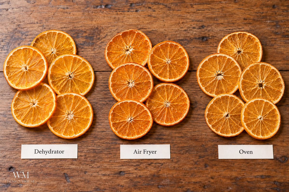 Three groups of dried orange slices arranged on a wooden surface, labeled below as Dehydrator, Air Fryer, and Oven to show how to dry oranges.