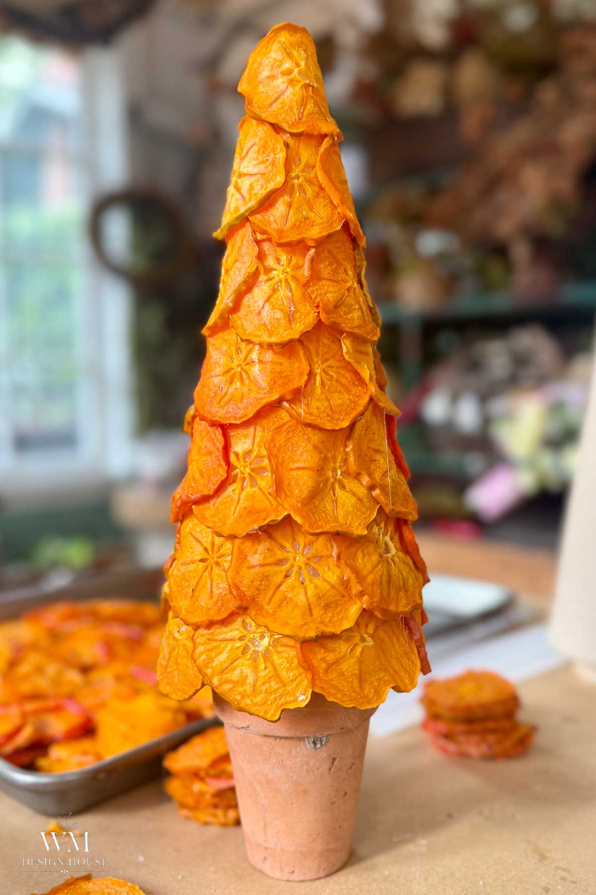 A cone tree made of overlapping dried persimmon slices, mounted on a small terra cotta pot.