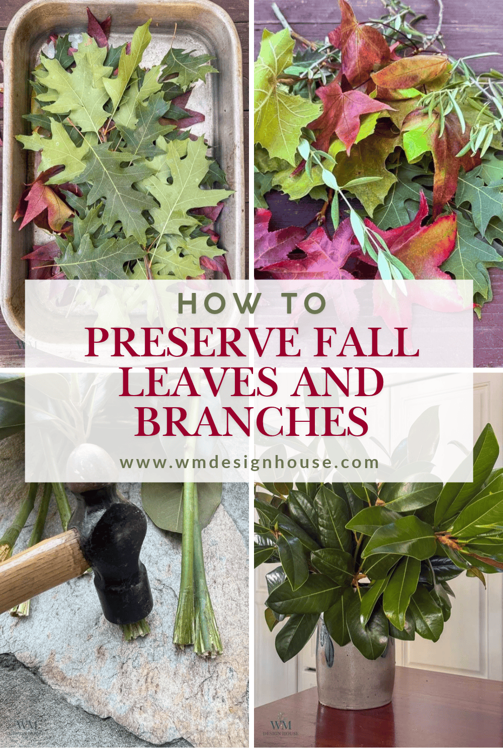 Collage showing oak leaves in a tray, colorful autumn leaves, a hammer crushing branch ends on a stone, and magnolia branches in a vase, with the text: “How to Preserve Fall Leaves and Branches” using glycerin.