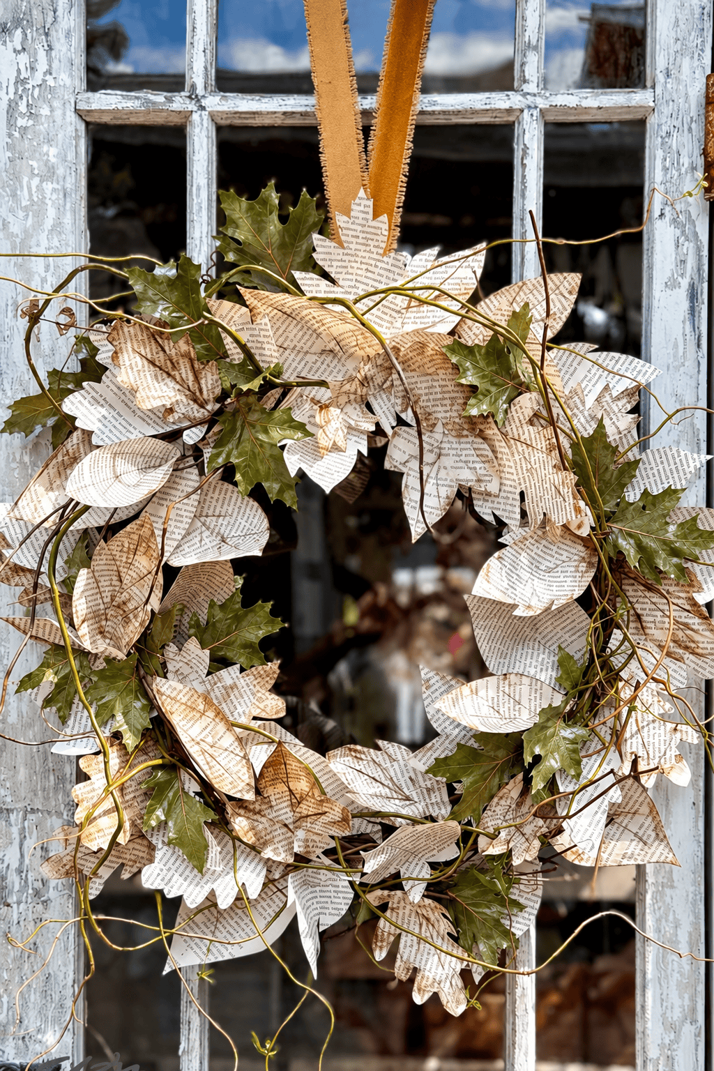 A decorative wreath made of paper leaves printed with text and interspersed with artificial green leaves, hanging by a ribbon on a white paneled door.