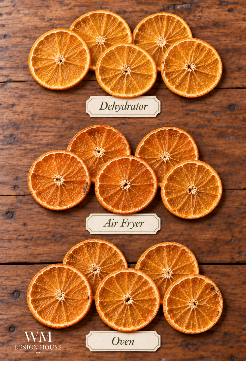 Dried orange slices arranged in three rows on a wooden surface, labeled “Dehydrator,” “Air Fryer,” and “Oven” to compare different methods for how to make dried orange slices.